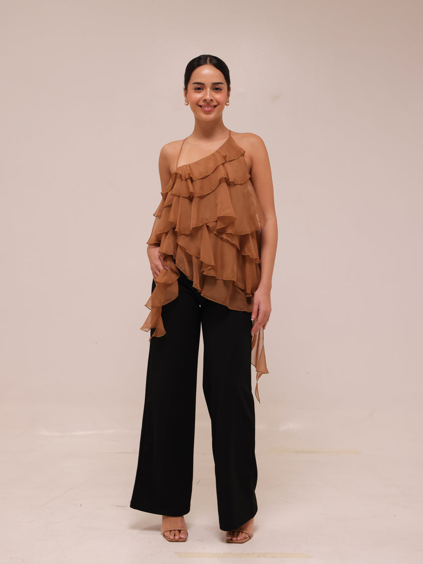 Ripple Ruffle Top in Brown