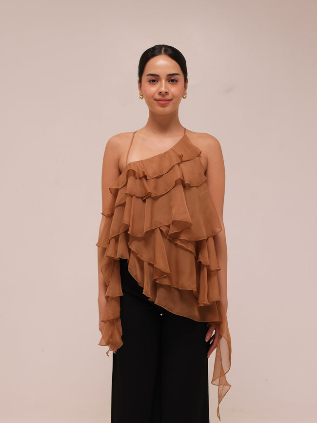 Ripple Ruffle Top in Brown
