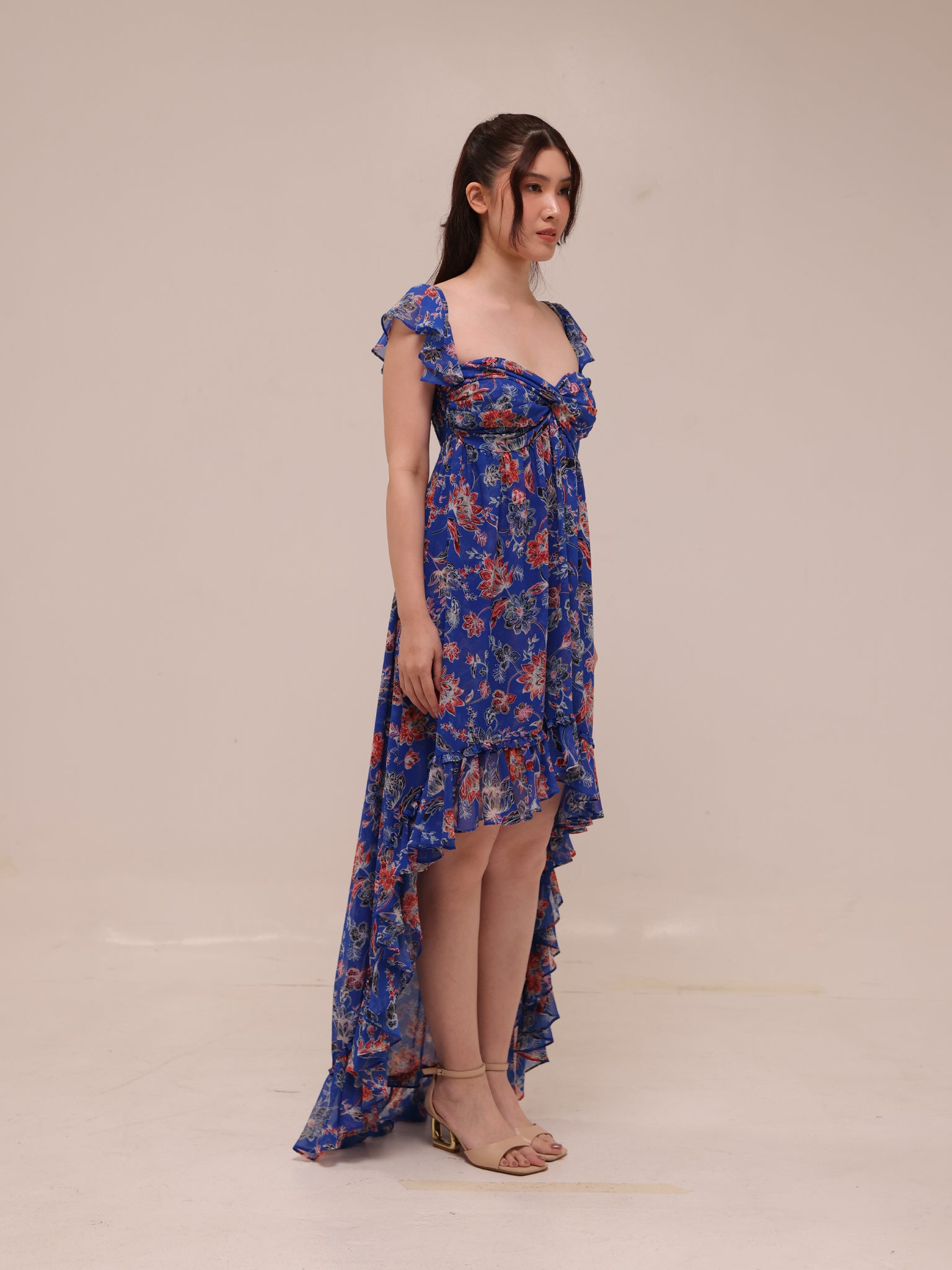 Xirena Floral Ruffle High Low Maxi Dress