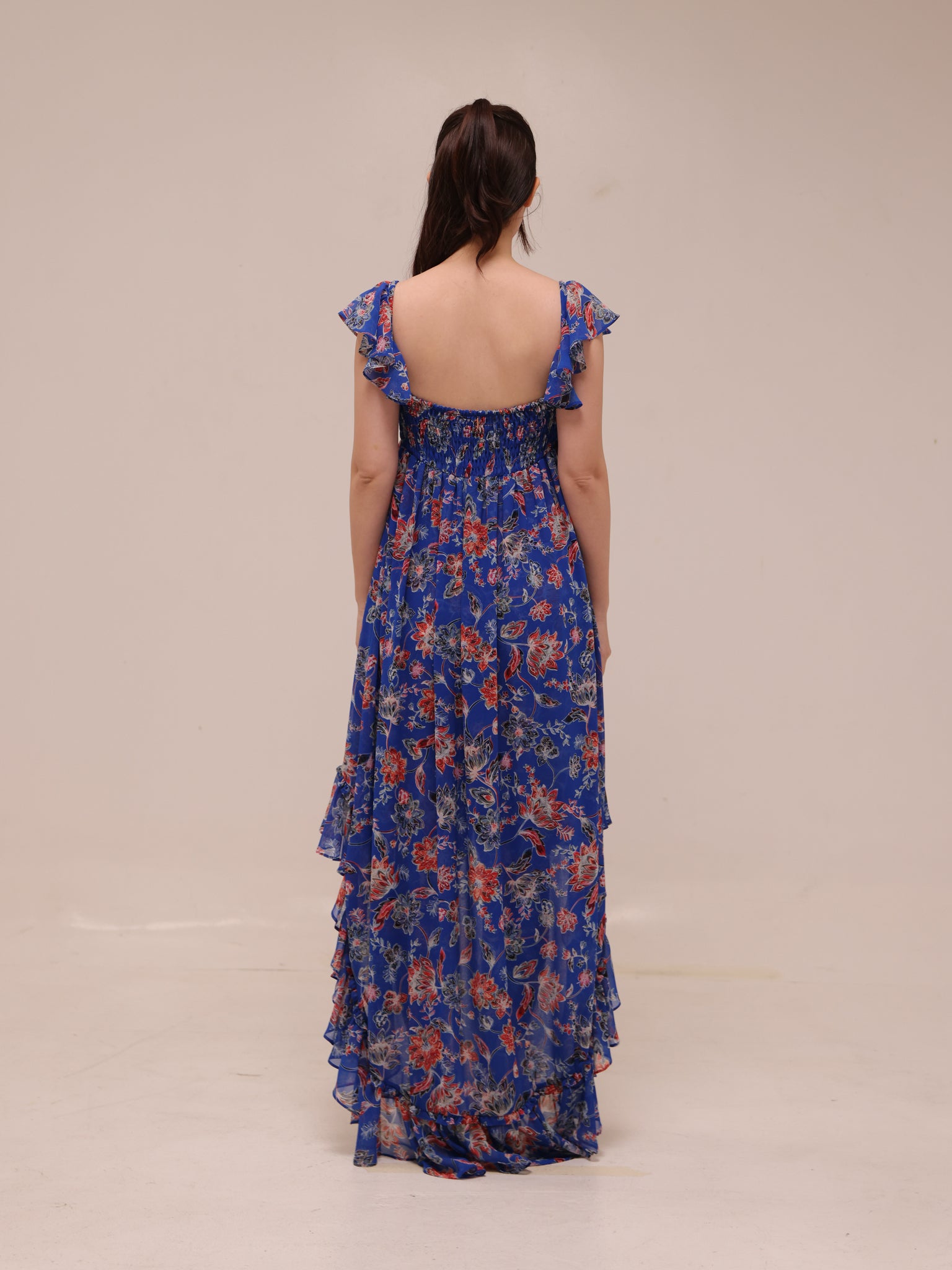 Xirena Floral Ruffle High Low Maxi Dress