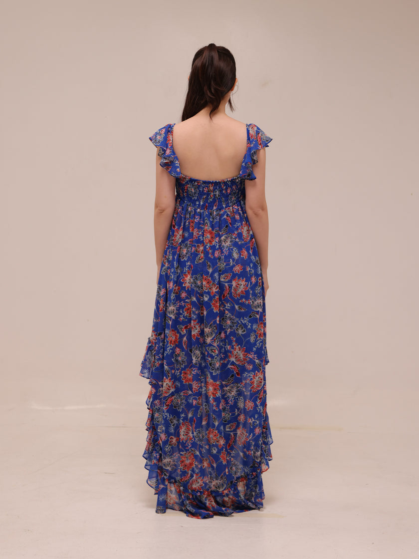 Xirena Floral Ruffle High Low Maxi Dress