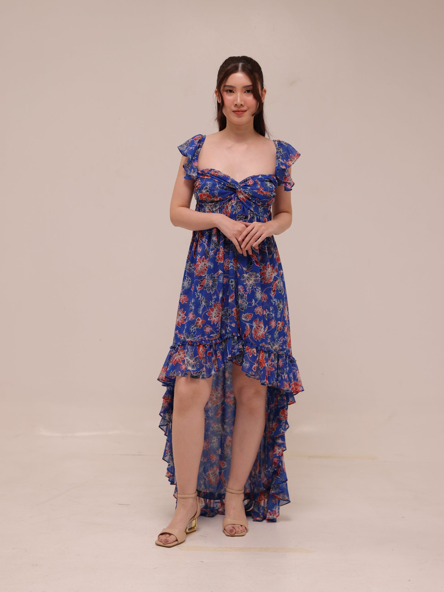 Xirena Floral Ruffle High Low Maxi Dress