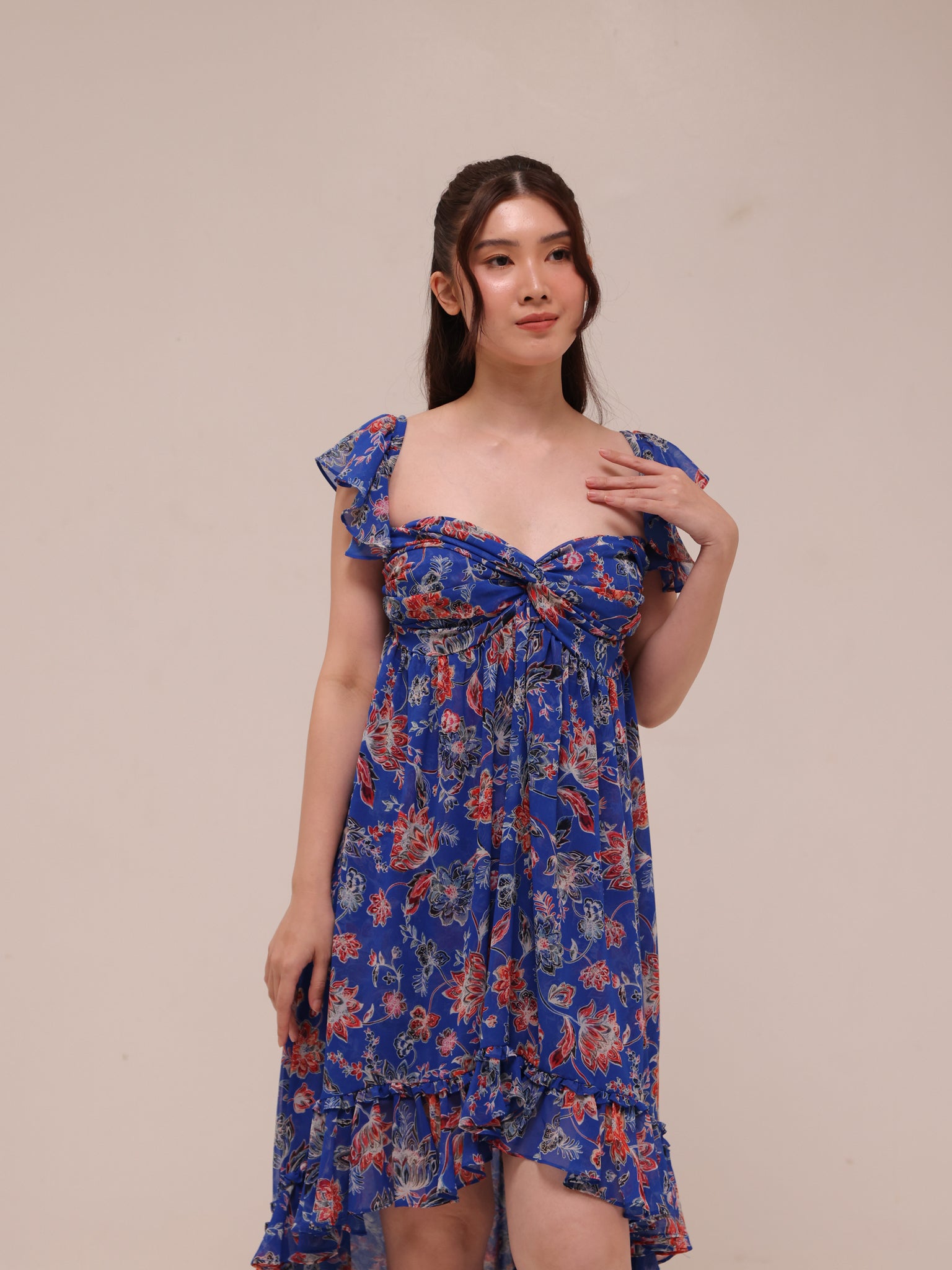 Xirena Floral Ruffle High Low Maxi Dress