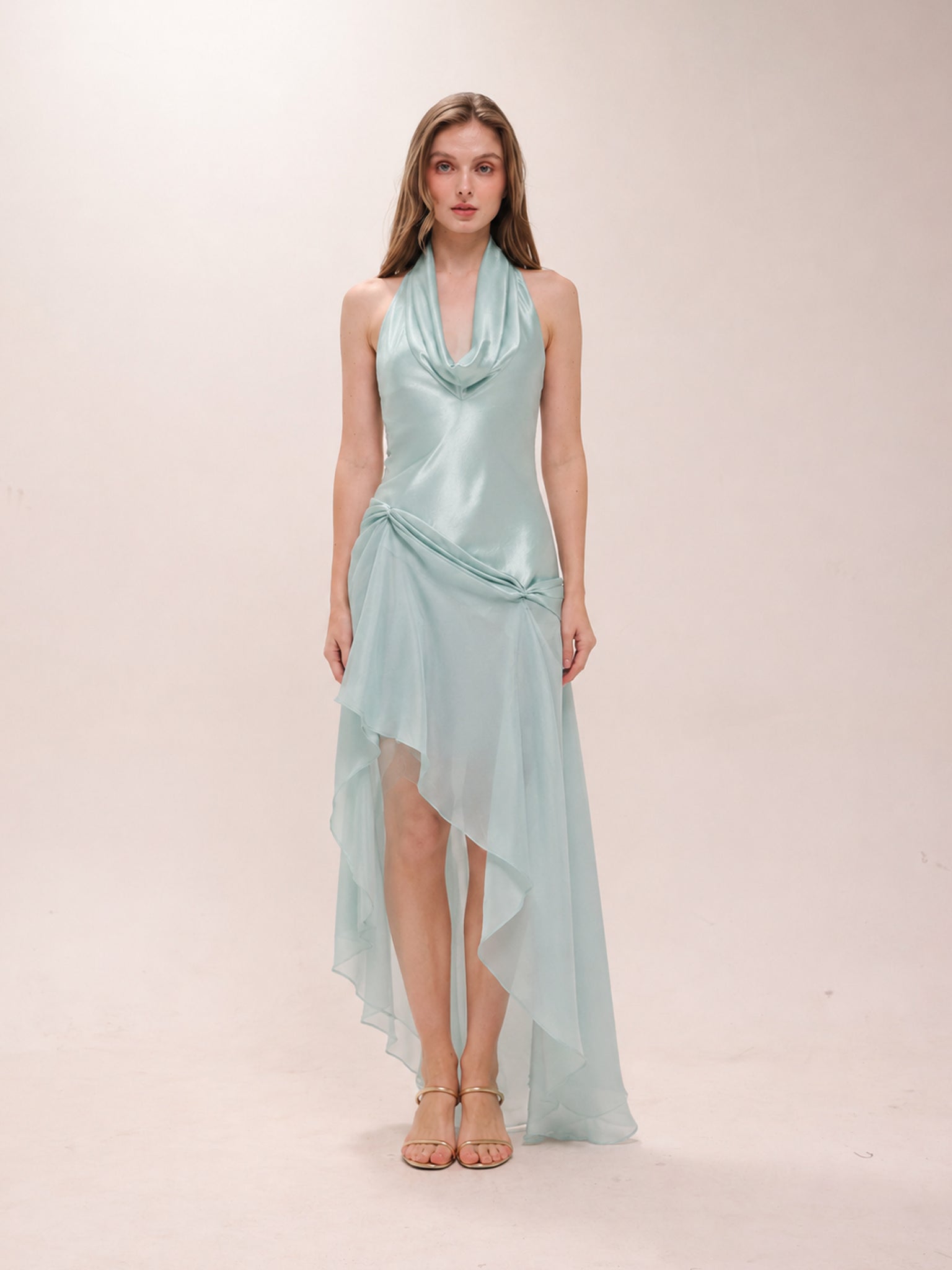 Draped Cowl-Neck Silk Dress With Layered Organza Skirt