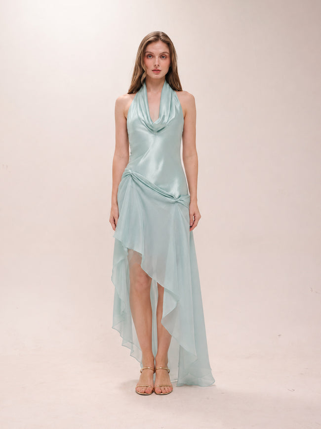 Draped Cowl-Neck Silk Dress With Layered Organza Skirt