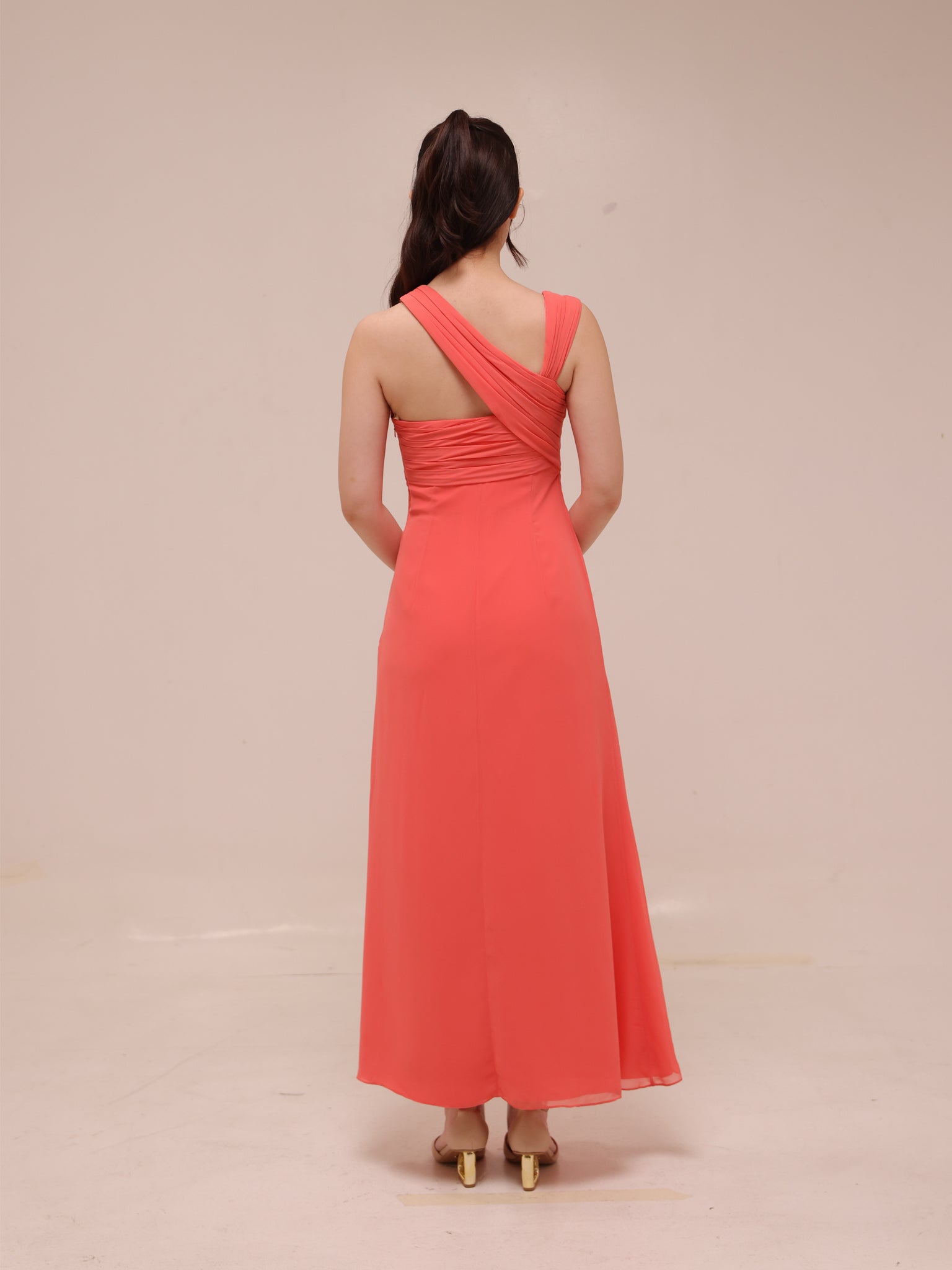 Coral Whisper One-Shoulder Gown