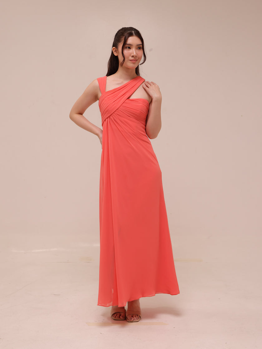 Coral Whisper One-Shoulder Gown