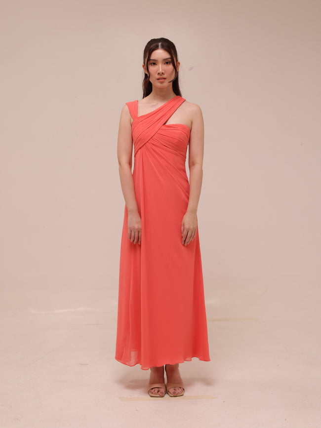 Coral Whisper One-Shoulder Gown