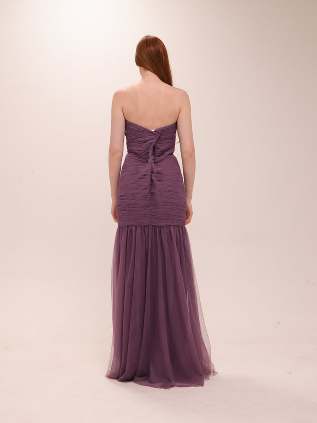 Plum Strapless Tulle Hem Gown