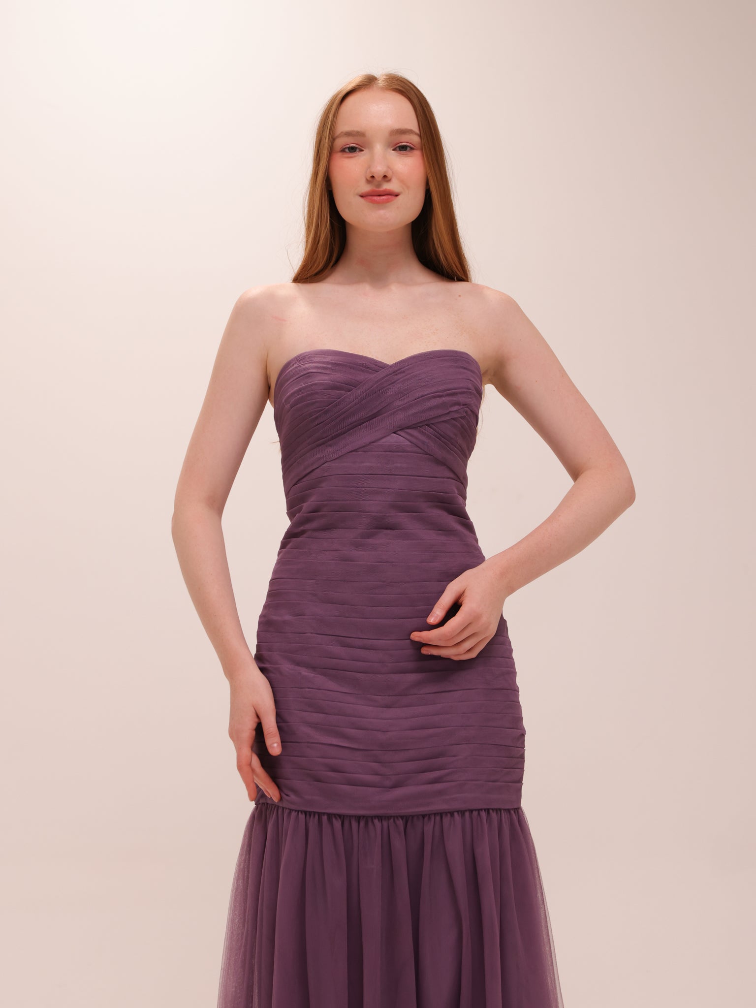 Plum Strapless Tulle Hem Gown