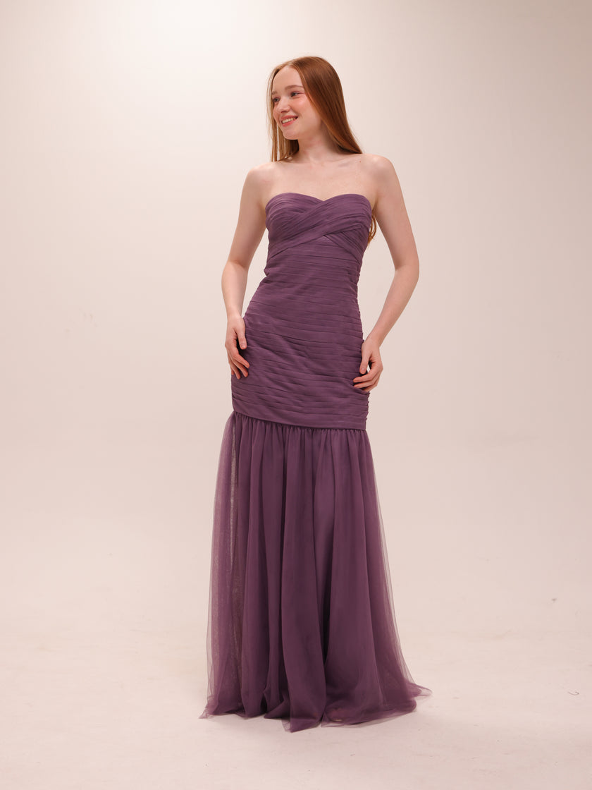 Plum Strapless Tulle Hem Gown