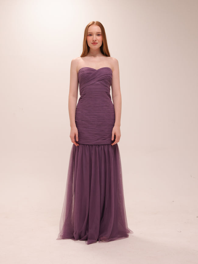 Plum Strapless Tulle Hem Gown