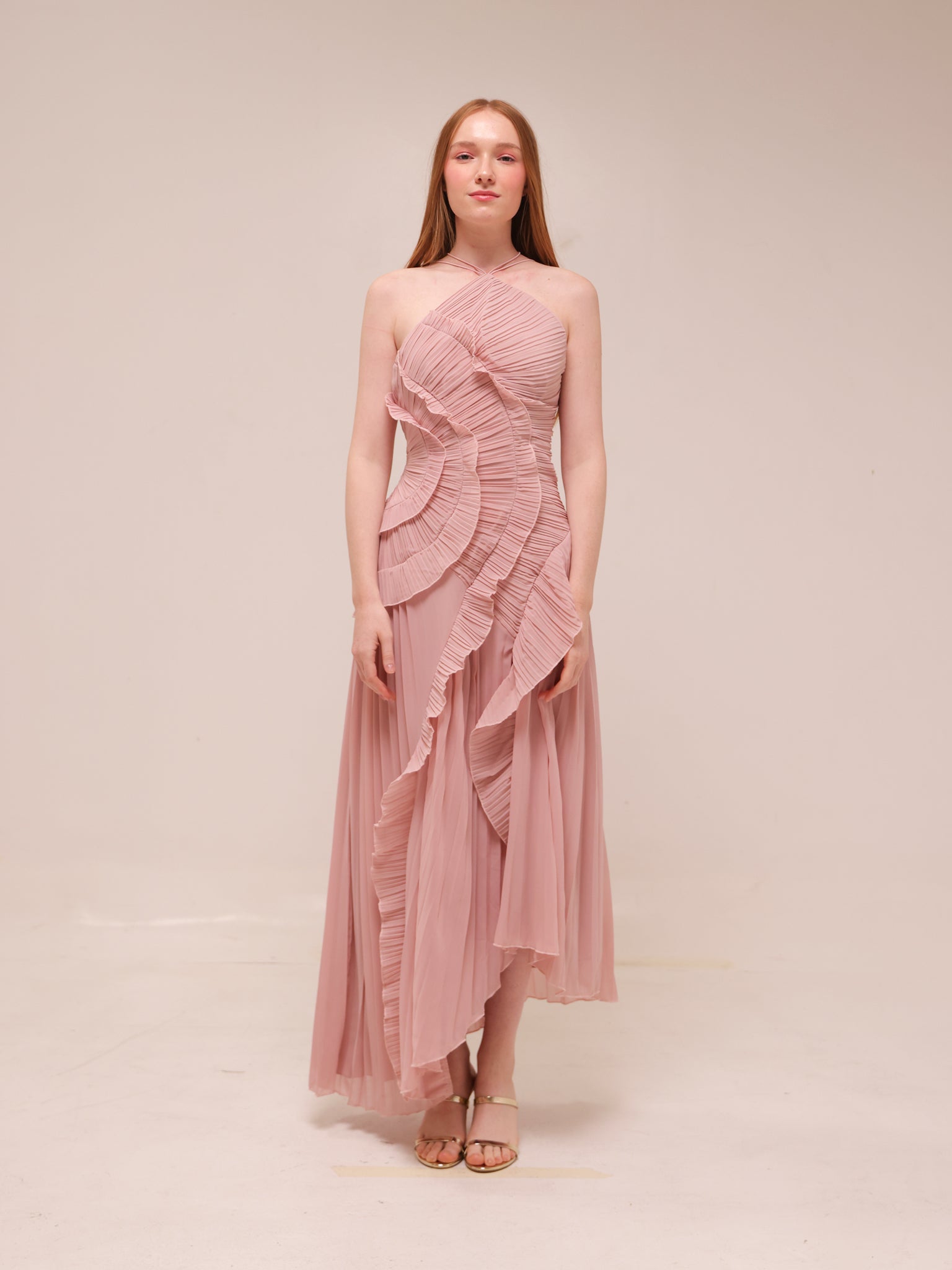 Doux Pink Ruffled Trim Pleated Midi Dress