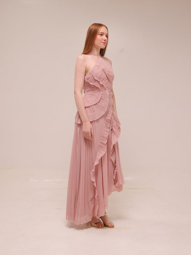 Doux Pink Ruffled Trim Pleated Midi Dress
