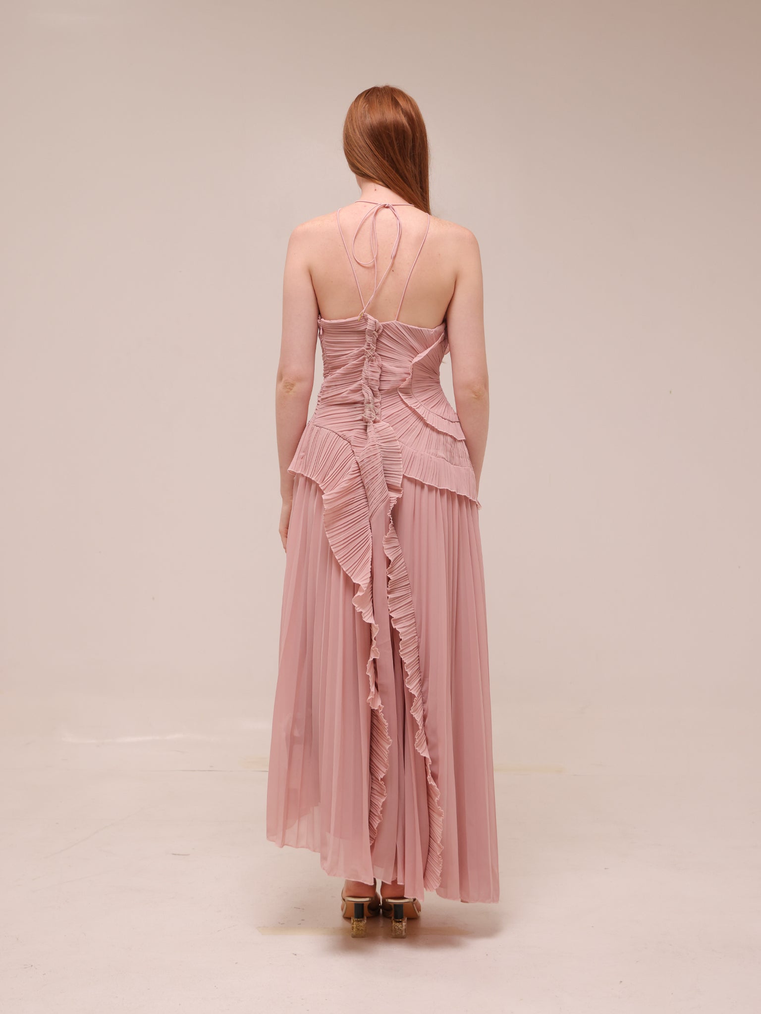 Doux Pink Ruffled Trim Pleated Midi Dress