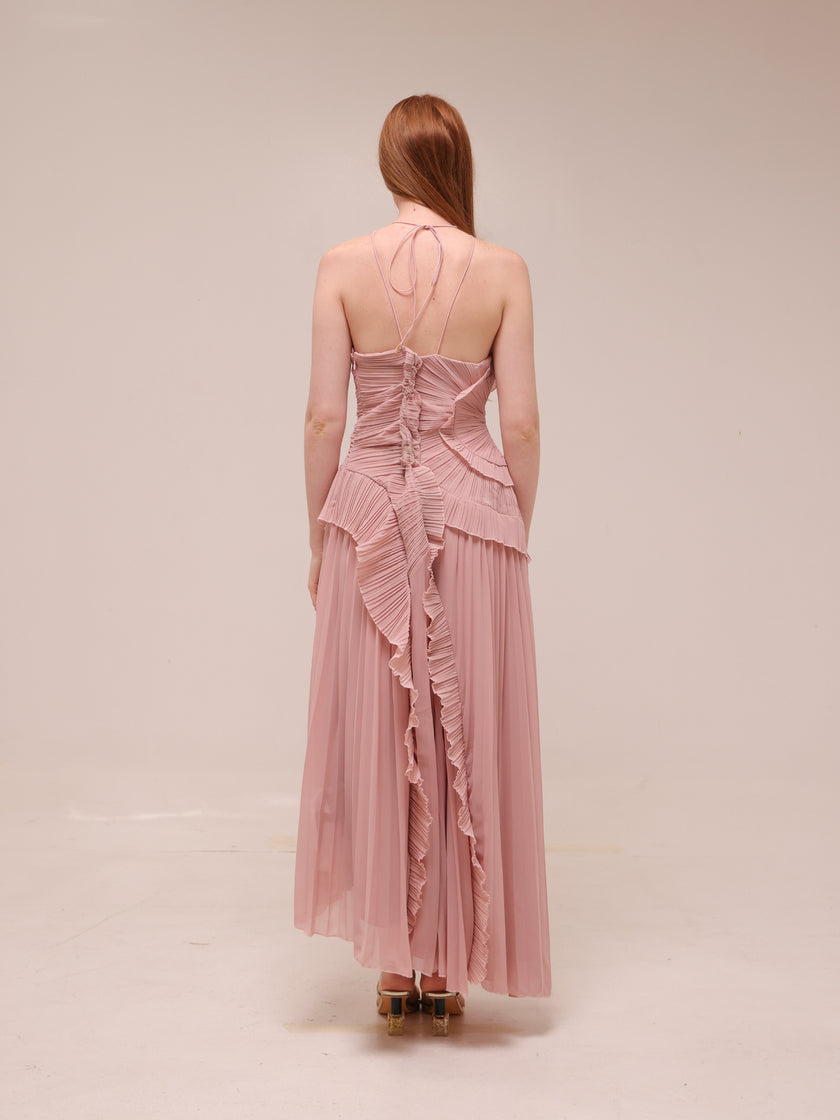Doux Pink Ruffled Trim Pleated Midi Dress