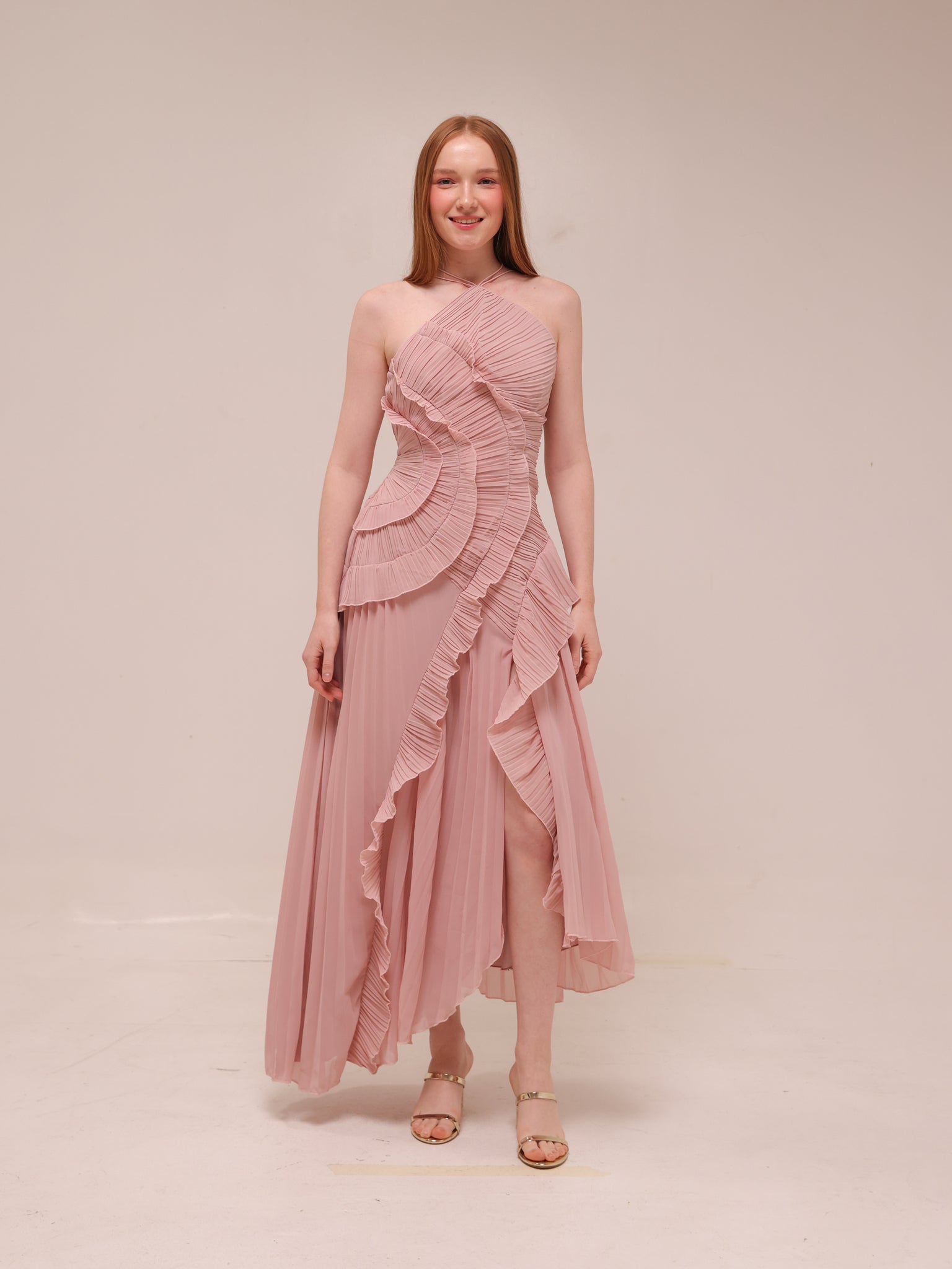Doux Pink Ruffled Trim Pleated Midi Dress