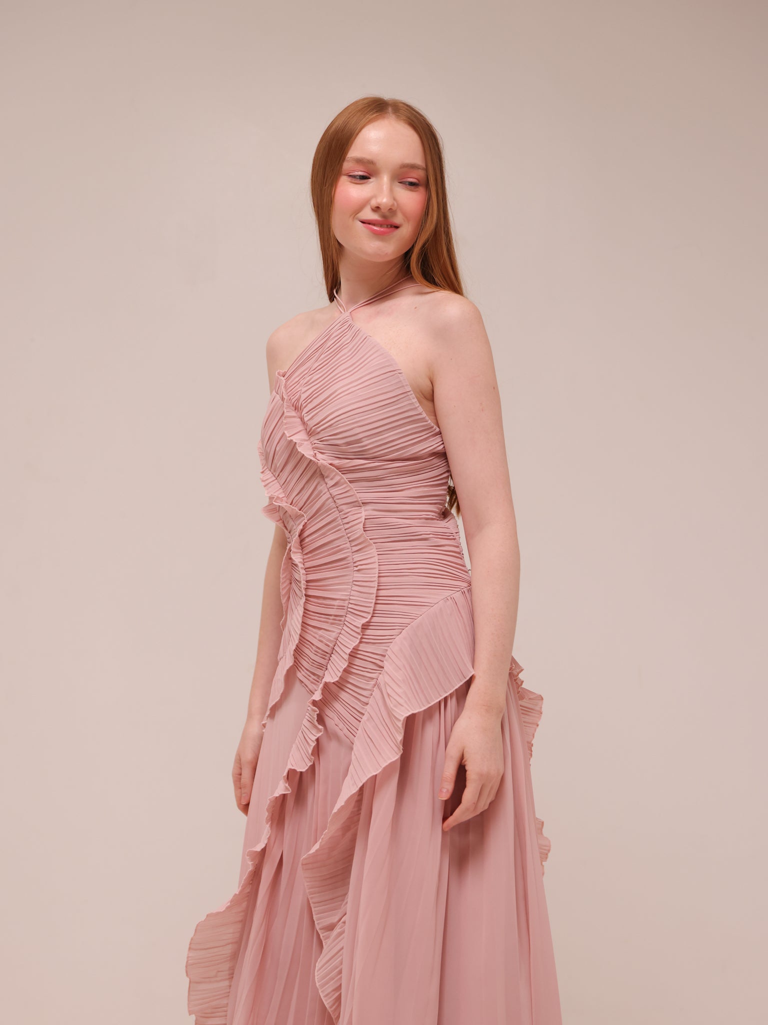 Doux Pink Ruffled Trim Pleated Midi Dress