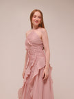 Doux Pink Ruffled Trim Pleated Midi Dress