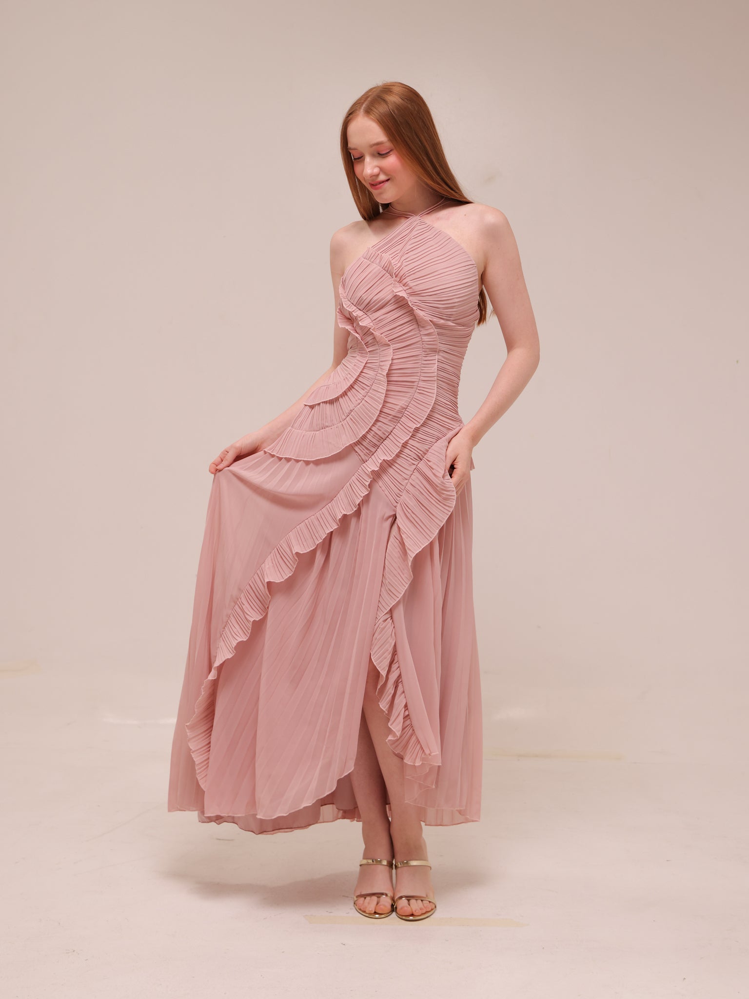 Doux Pink Ruffled Trim Pleated Midi Dress