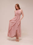 Doux Pink Ruffled Trim Pleated Midi Dress