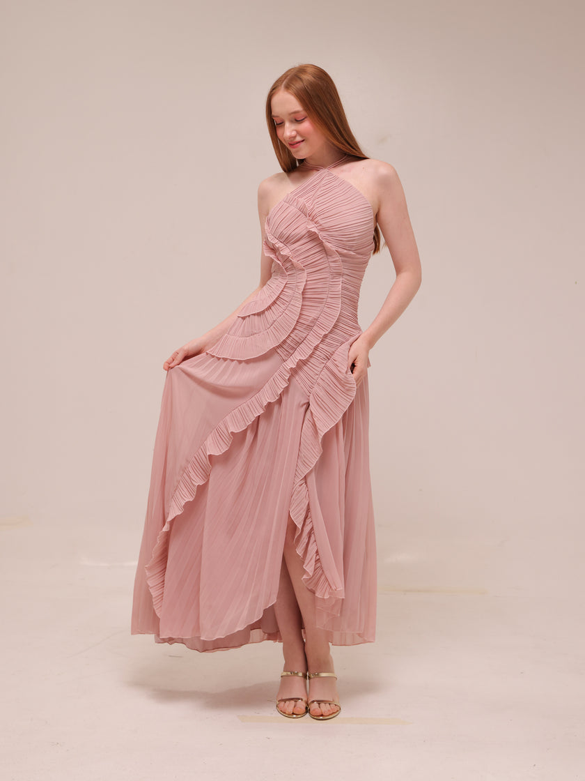 Doux Pink Ruffled Trim Pleated Midi Dress