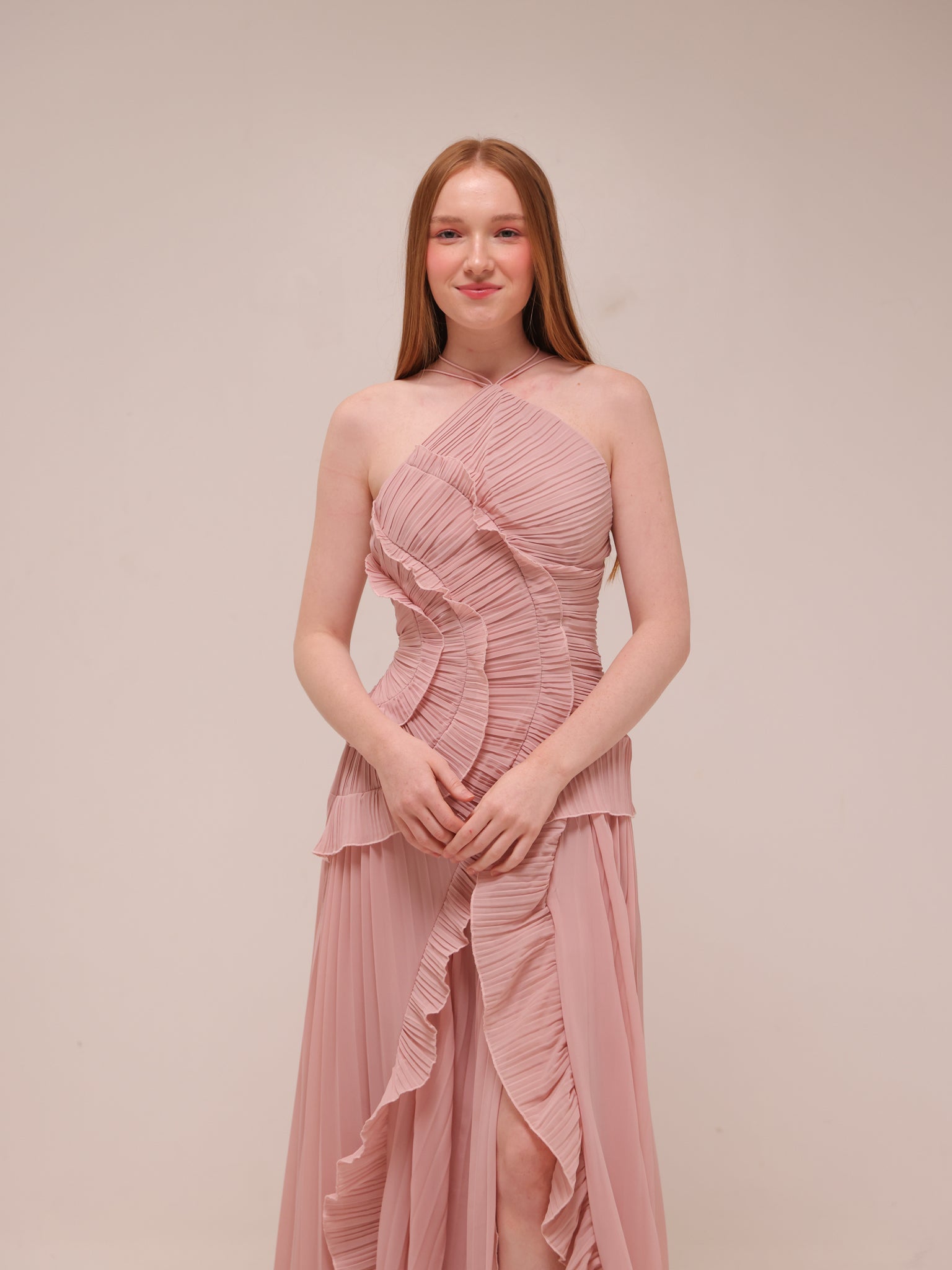Doux Pink Ruffled Trim Pleated Midi Dress