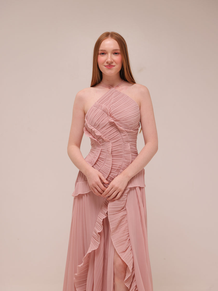 Doux Pink Ruffled Trim Pleated Midi Dress