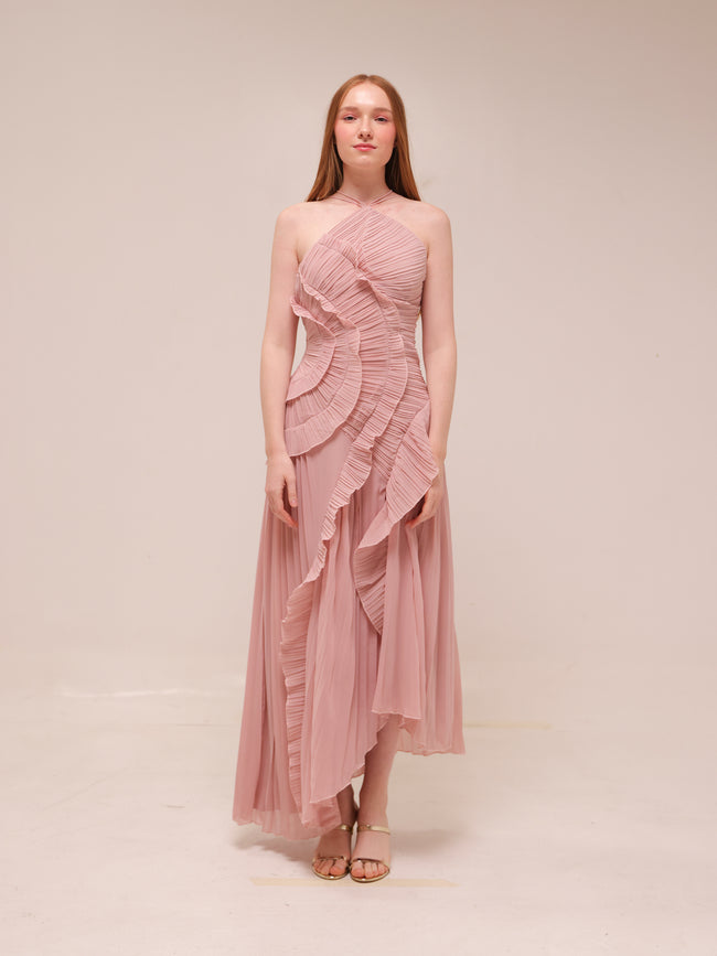 Doux Pink Ruffled Trim Pleated Midi Dress