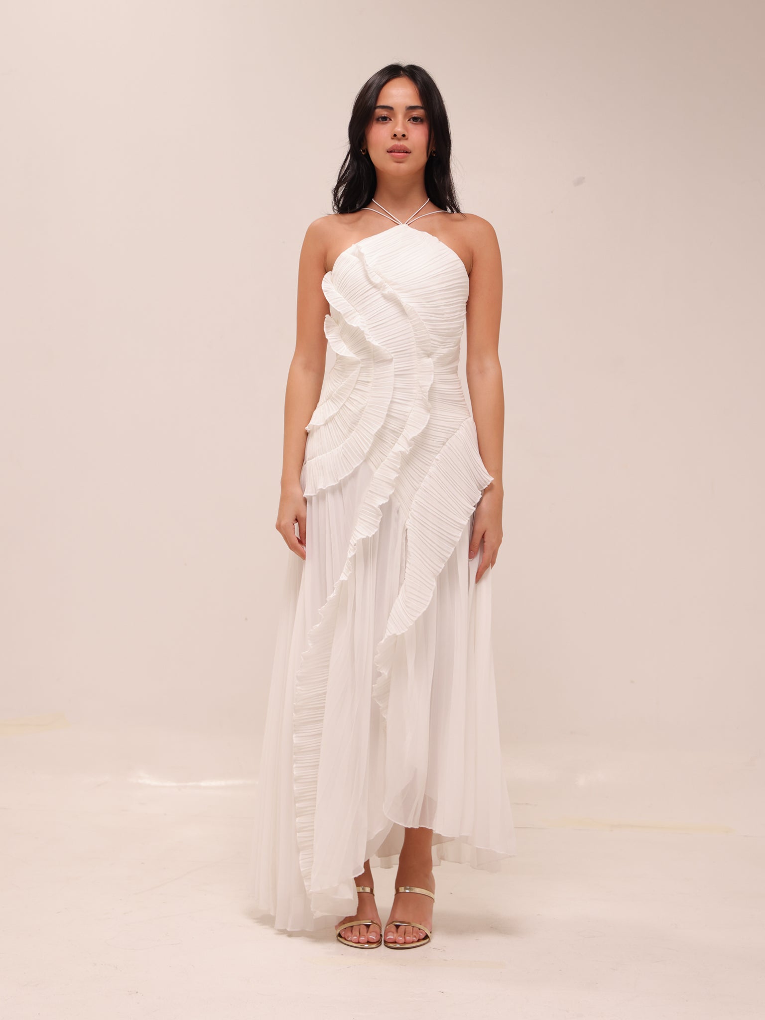 Doux White Ruffled Trim Pleated Midi Dress