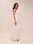 Doux White Ruffled Trim Pleated Midi Dress