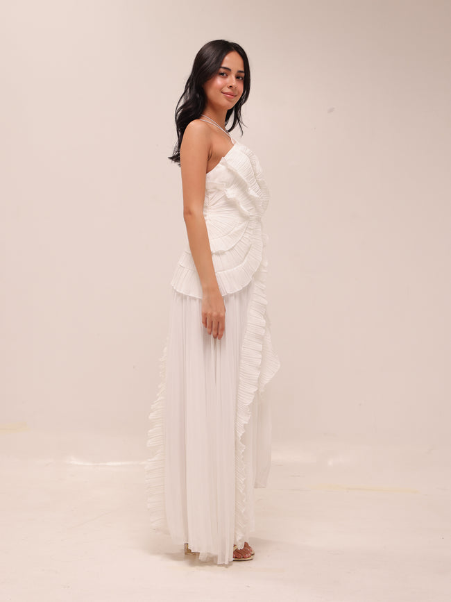 Doux White Ruffled Trim Pleated Midi Dress