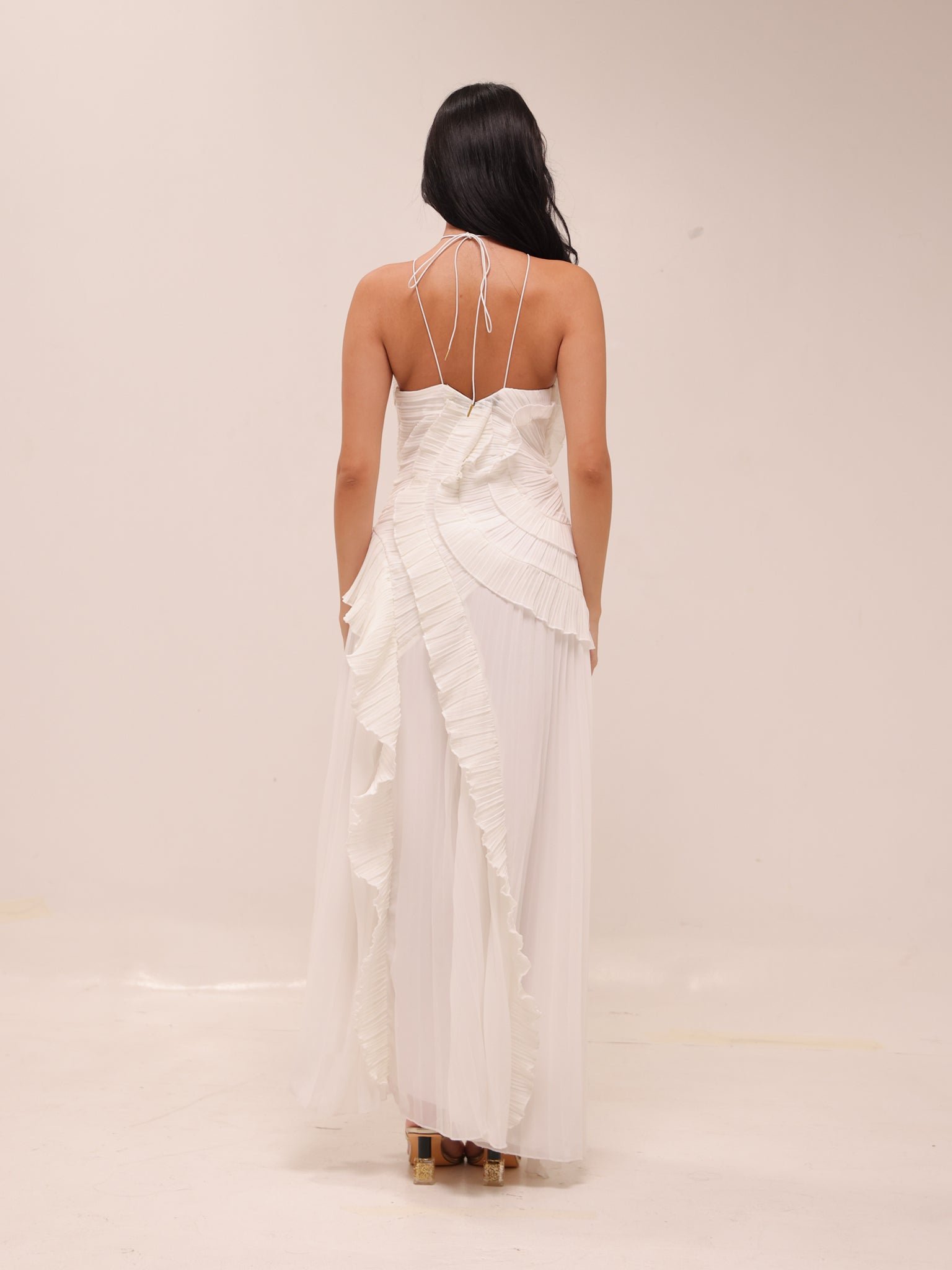 Doux White Ruffled Trim Pleated Midi Dress