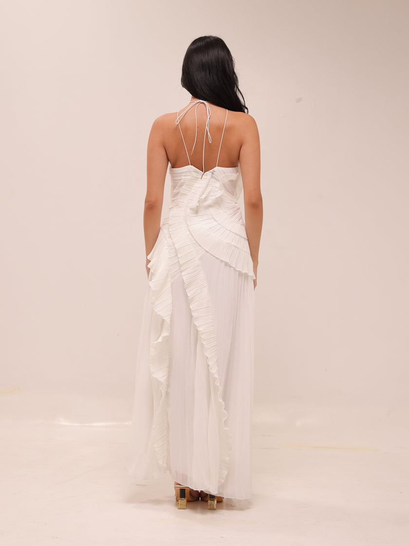 Doux White Ruffled Trim Pleated Midi Dress