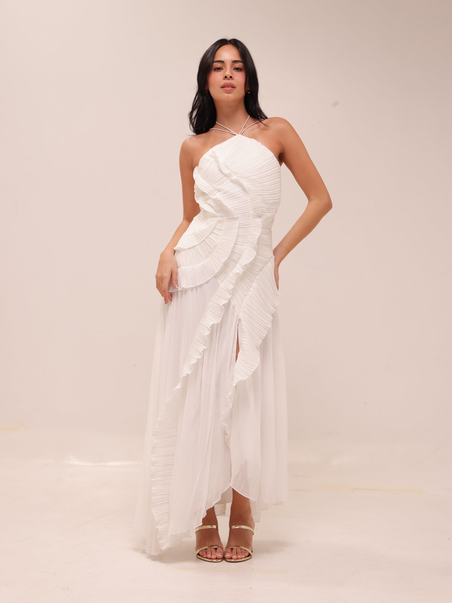 Doux White Ruffled Trim Pleated Midi Dress