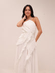 Doux White Ruffled Trim Pleated Midi Dress