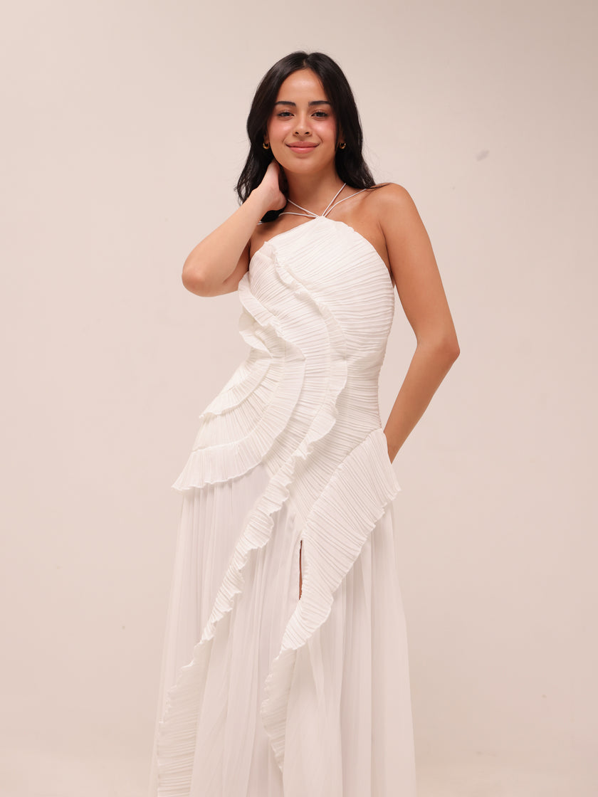 Doux White Ruffled Trim Pleated Midi Dress