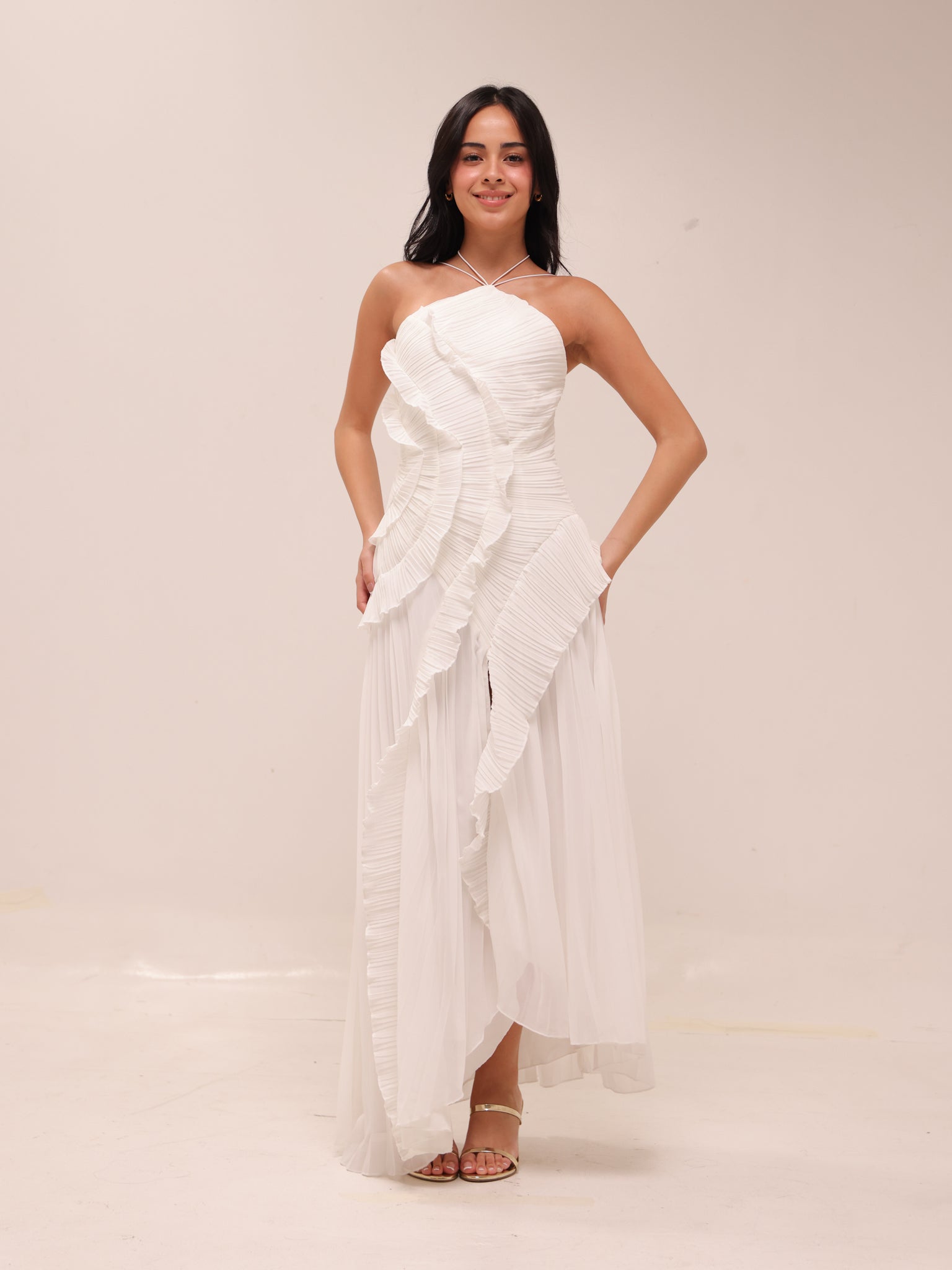 Doux White Ruffled Trim Pleated Midi Dress
