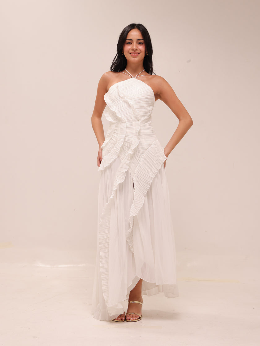 Doux White Ruffled Trim Pleated Midi Dress