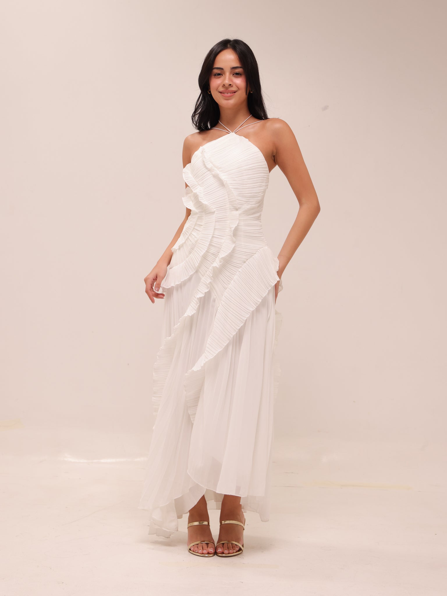 Doux White Ruffled Trim Pleated Midi Dress