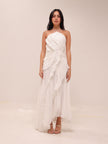 Doux White Ruffled Trim Pleated Midi Dress