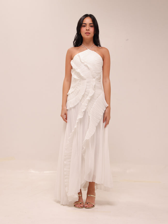 Doux White Ruffled Trim Pleated Midi Dress