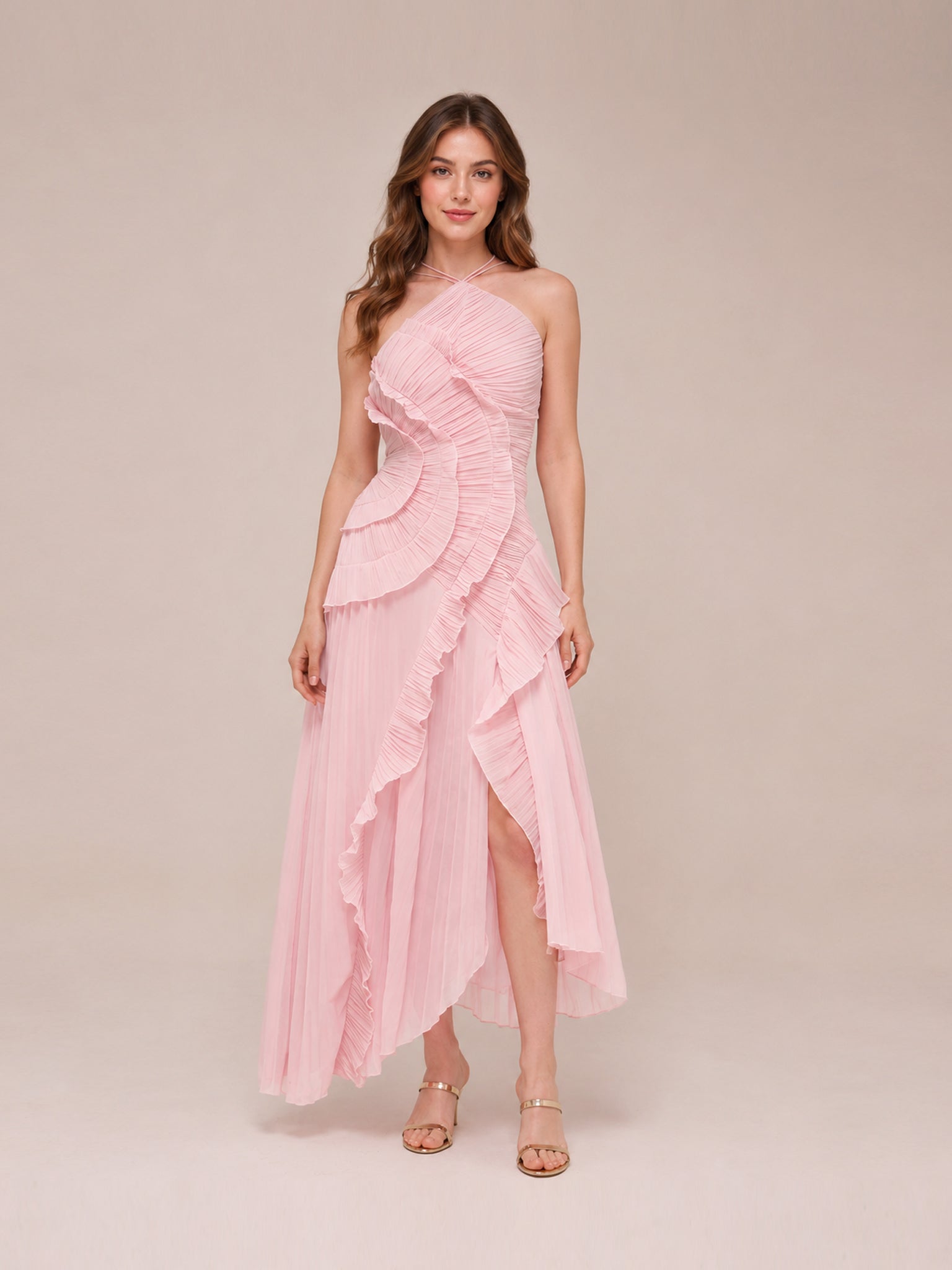 Doux Ruffled Trim Pleated Midi Dress