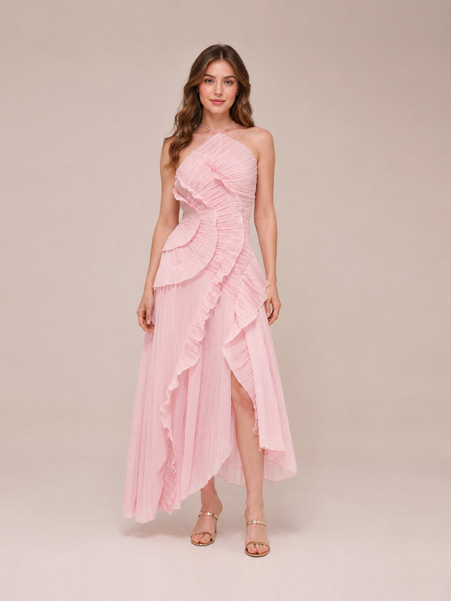 Doux Ruffled Trim Pleated Midi Dress