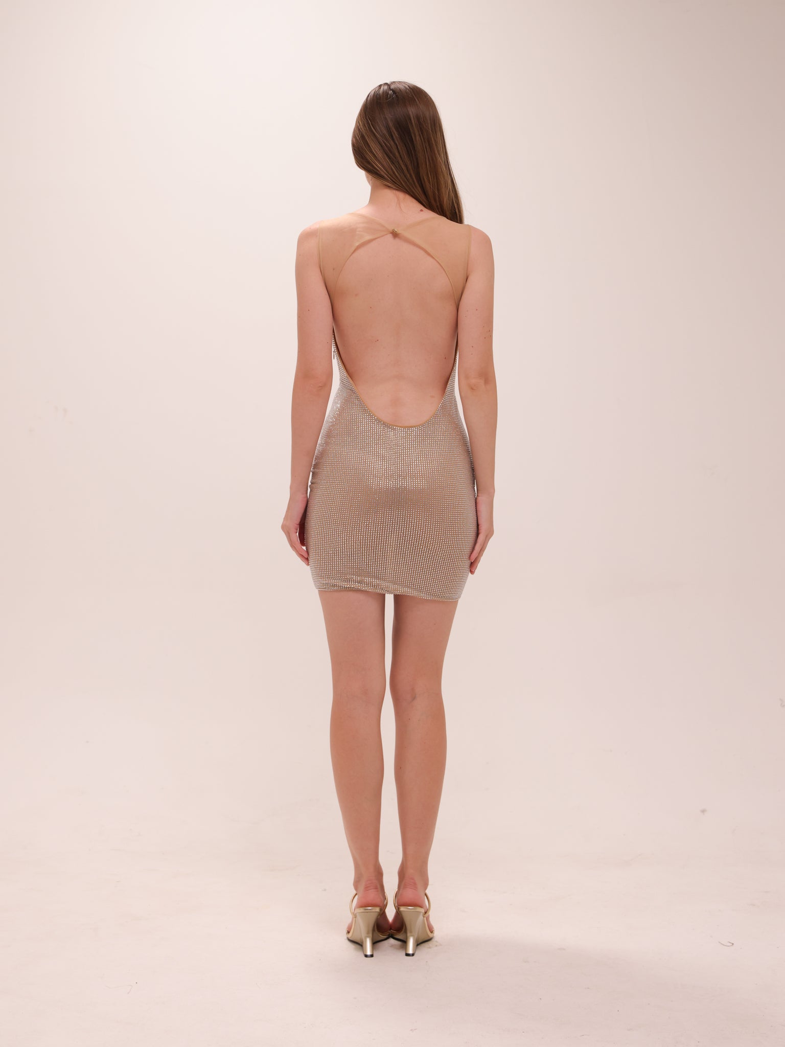 Jasmyn Hot Fix Mini Dress With Mesh Back - Nude