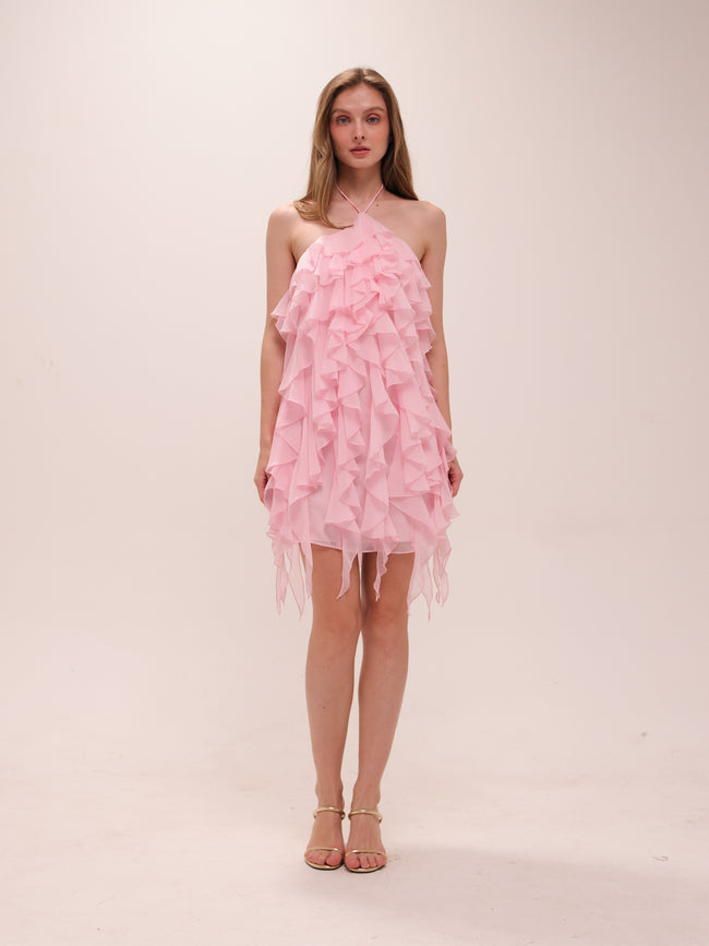 Marigold Ruffle Halter Mini Dress - Powder Pink