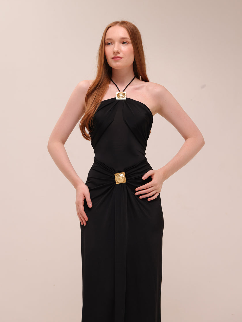 Quincy Halter Maxi Dress With Hardware - Black