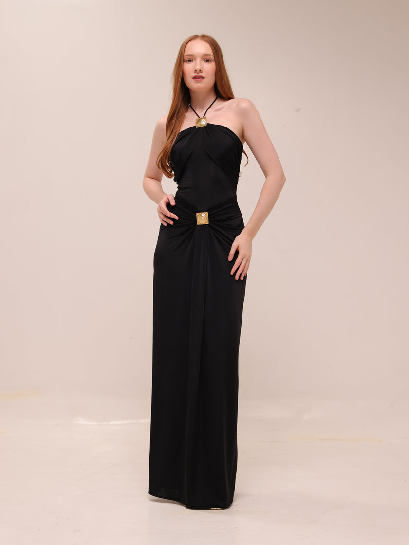 Quincy Halter Maxi Dress With Hardware - Black