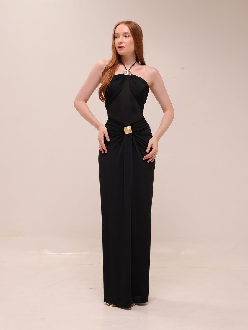 Quincy Halter Maxi Dress With Hardware - Black