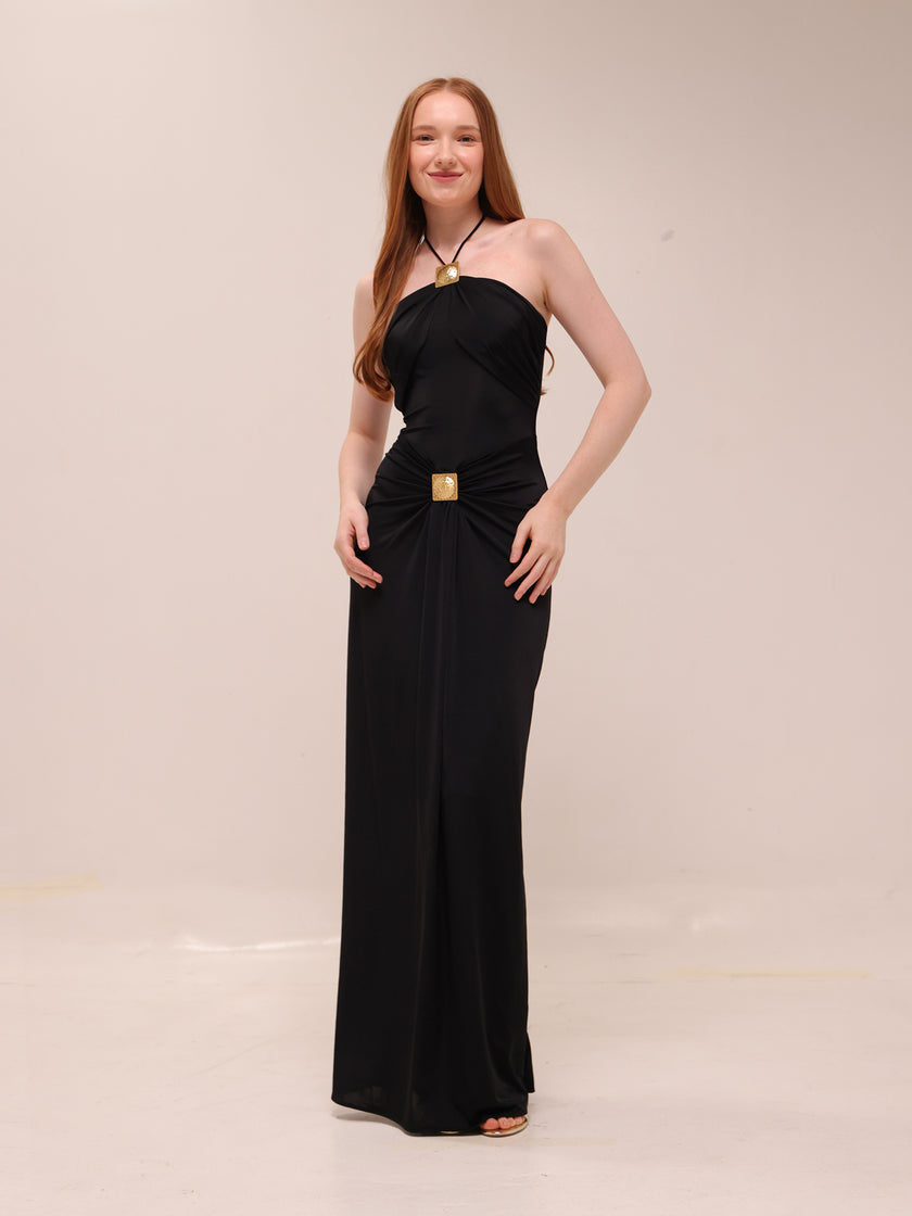 Quincy Halter Maxi Dress With Hardware - Black